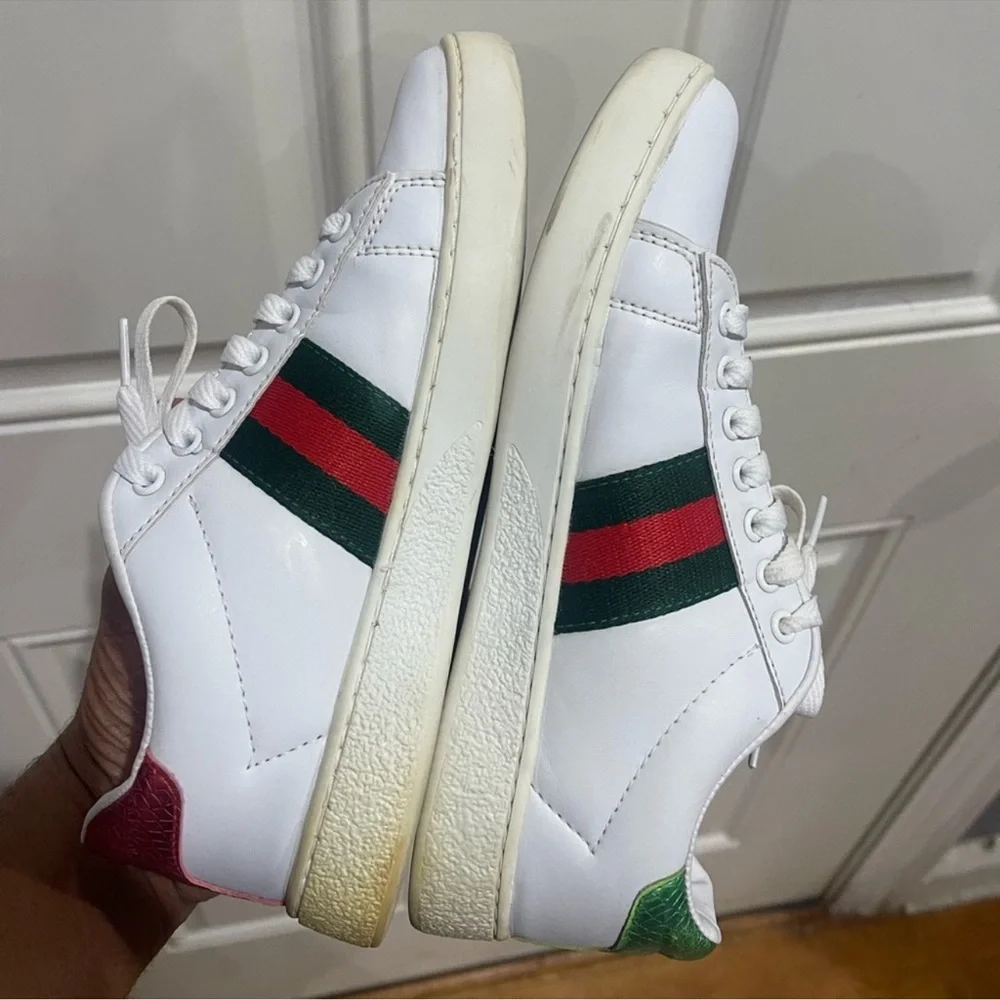 Gucci White Leather Sneakers with Green & Red Stripe and Gold Tiger Patch Sz 7.5 - Picture 6 of 16